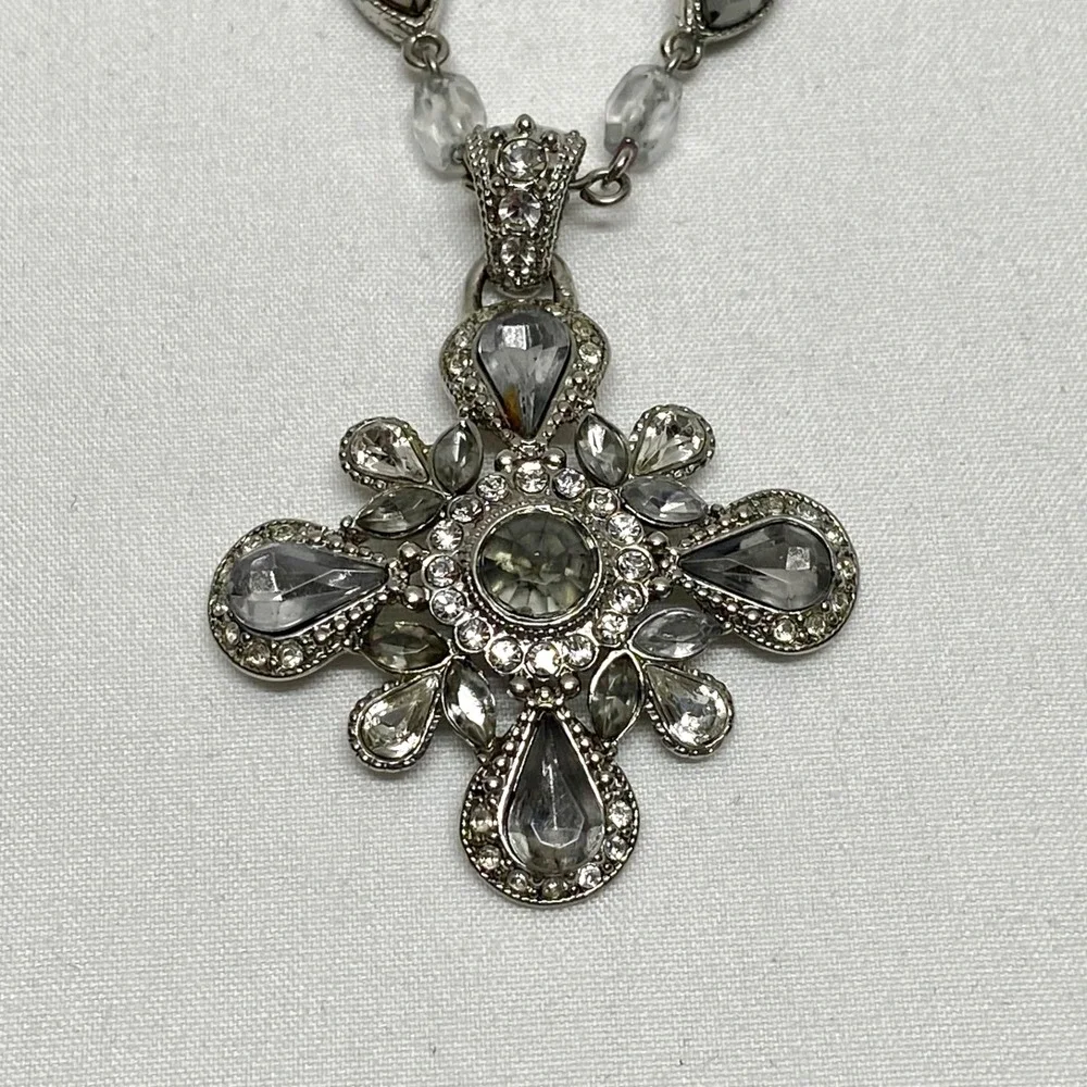 Nancy & Rise Maltese Cross Pendant Necklace w/ Smoke Acrylic & Clear Rhinestones